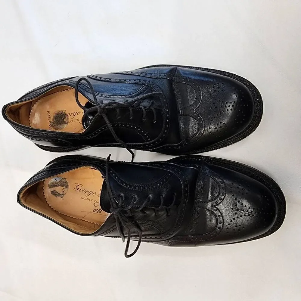 George's Coll Size 7.5 Mens Handmade SPAIN Black Leather Wingtip Oxfords K
